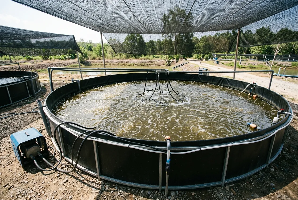 A round lined biofloc tank under shade netting with brownish floc water and fine aeration bubbles.