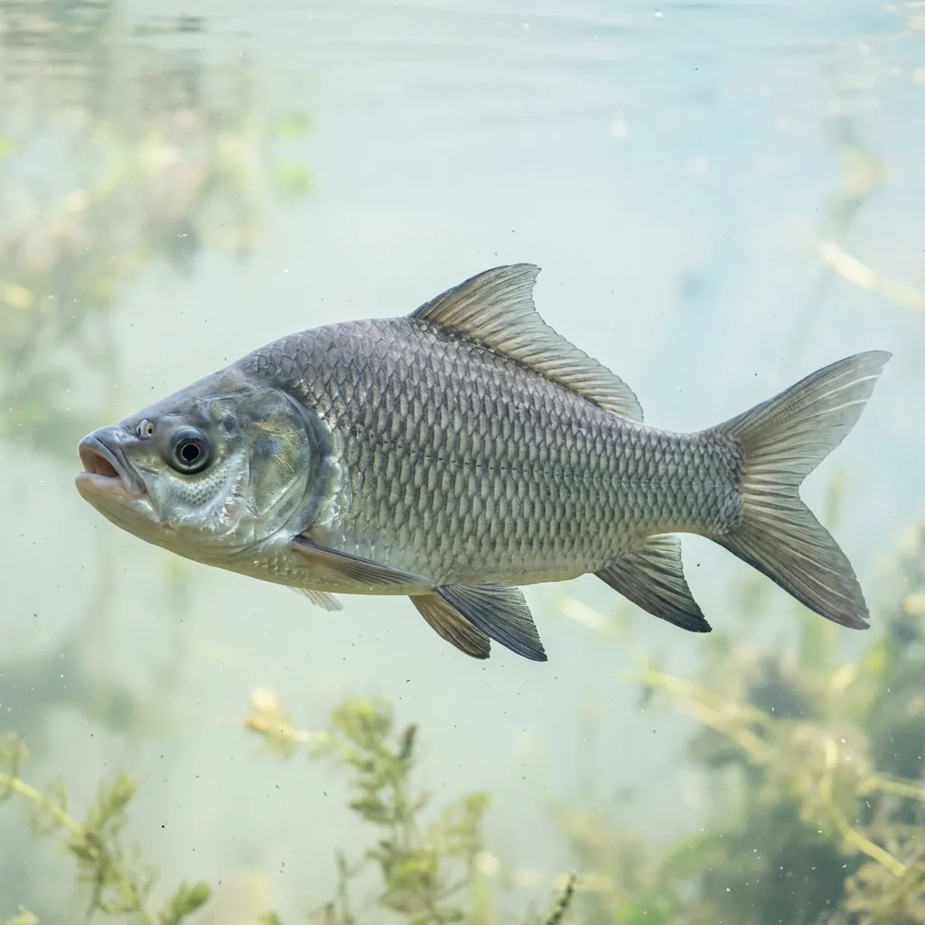 A catla, an Indian major carp with a large upturned head and deep body, swimming in clear freshwater.