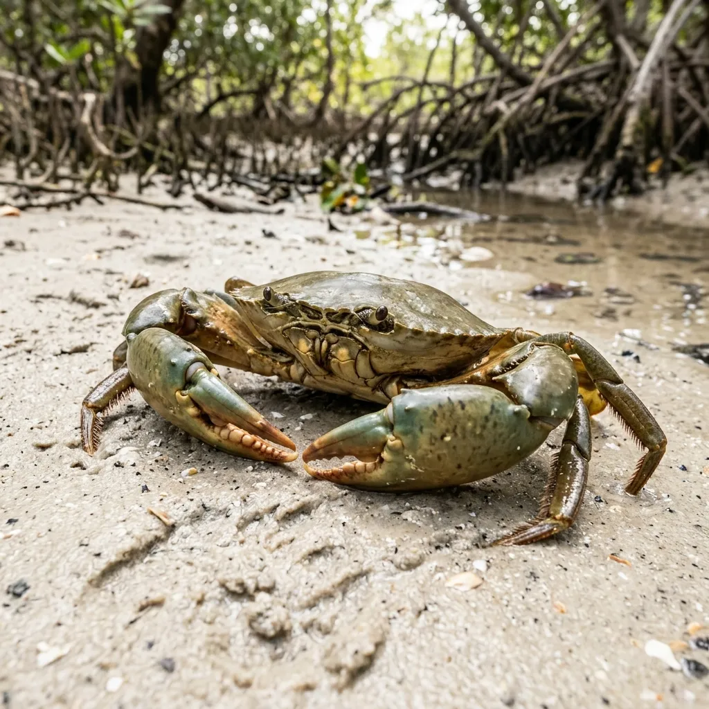 A mud crab with a broad greenish-brown carapace and large claws resting on wet sand near mangroves.