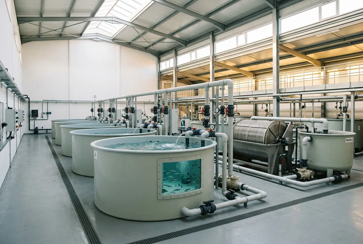 Conceptual illustration of a bright indoor recirculating aquaculture hall with round tanks, filtration units and daylight.