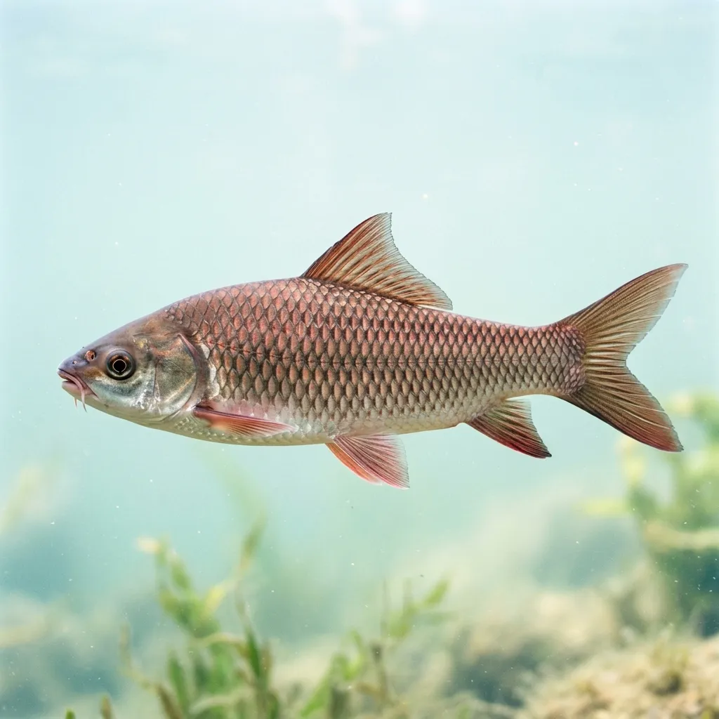 A rohu, an Indian major carp with an elongated body and reddish-tinged scales, swimming in clear water.