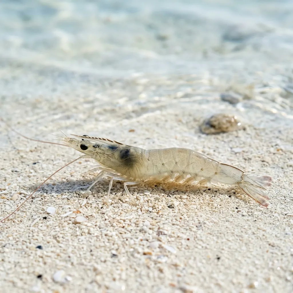 A live whiteleg shrimp with a translucent pale body resting on light sand in shallow clear water.