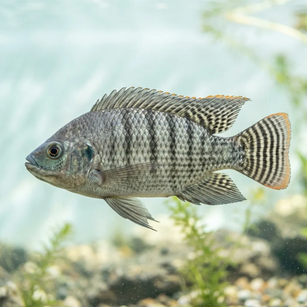 A Nile tilapia with vertical bands on its tail fin and a long dorsal fin, swimming in clear water.